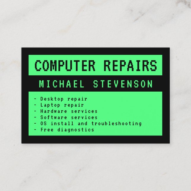 Old computer screen green and black business card (Front)