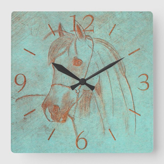 Old Copper Engraved Horse Square Wall Clock (Front)