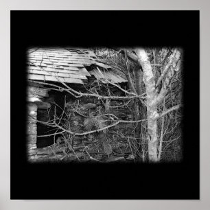 Old cottage and Tree. Black and white. Poster