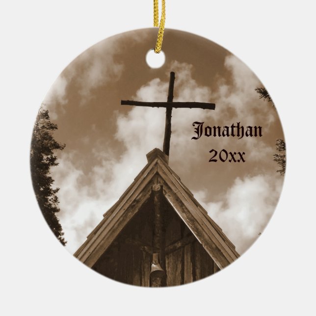 Old Country Church, Sepia, Christmas Holiday Ceramic Tree Decoration (Front)