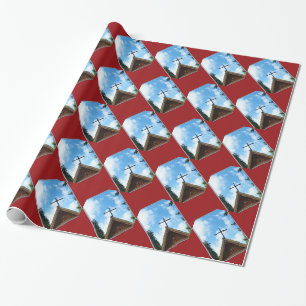 Old Country Church Wrapping Paper Red Brown Blue