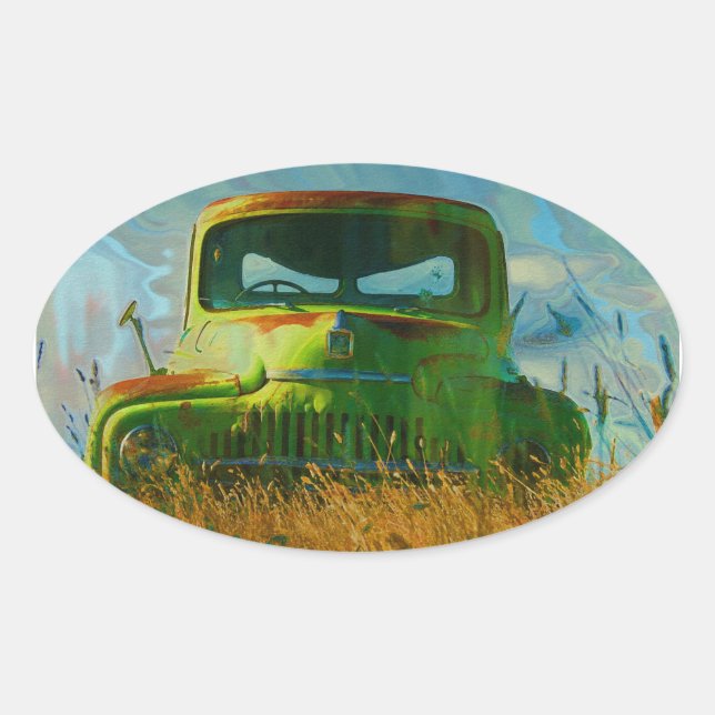 Old Derelict Vintage Truck Art Oval Sticker (Front)