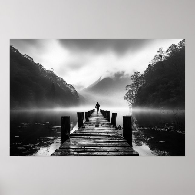 Old dock on the lake B&W photo Poster (Front)