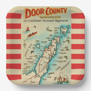 Old Door County Map Postcard Paper Plate