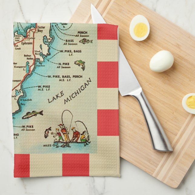 Old Door County Map Postcard Tea Towel (Quarter Fold)
