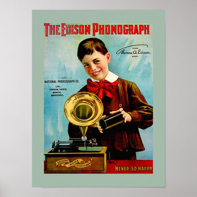 Old Edison Phonograph Cylinder Record Player Ad Poster (Front)