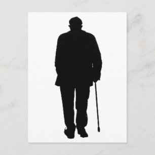 Old Elderly Man Walking Black Silhouette Drawing Postcard