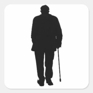 Old Elderly Man Walking Black Silhouette Drawing Square Sticker