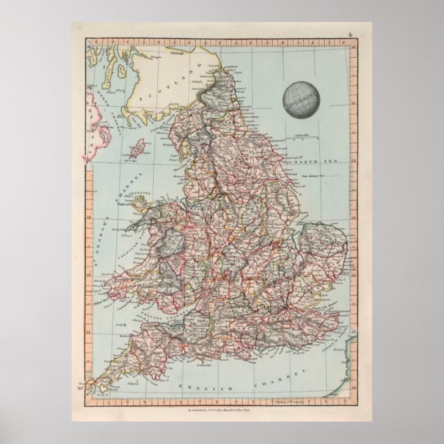 Old England Map (1850) Vintage Britain Atlas Poster (Front)