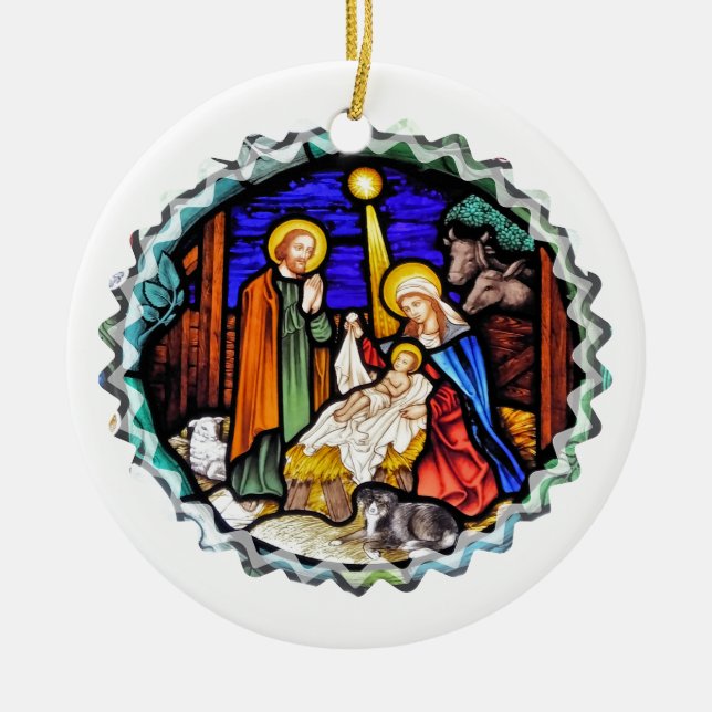 OLD ENGLAND NATIVITY WINDOW CERAMIC TREE DECORATION (Front)