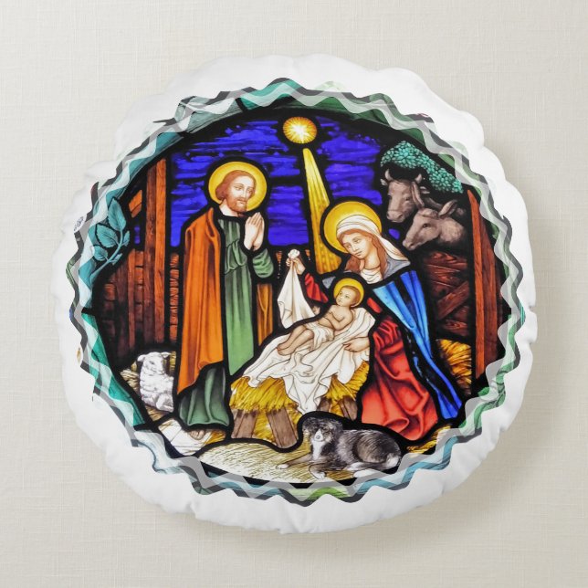 OLD ENGLAND NATIVITY WINDOW ROUND CUSHION (Front)
