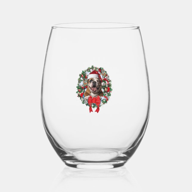 Old English Bulldog Christmas Wreath Decoration Xm Stemless Wine Glass (Front)