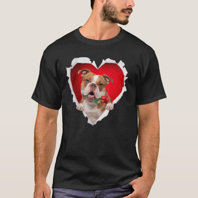 Old English Bulldog Dog Rose Heart Valentines Day  T-Shirt (Front)