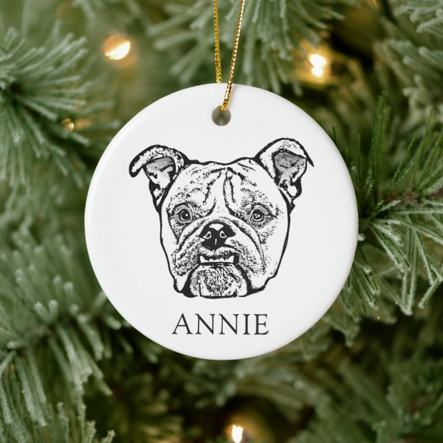 Old English Bulldog Hand Drawing Personalised Ceramic Tree Decoration (Tree)