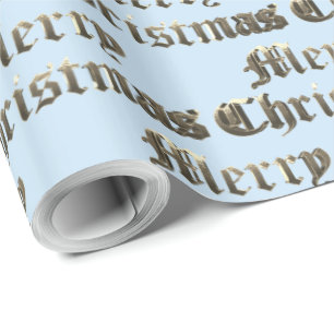 Old English Lettering Gold and Baby Blue Christmas Wrapping Paper