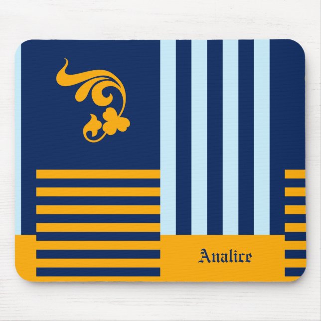 Old English Navy Blue and Orange Stripes With Name Mouse Mat (Front)