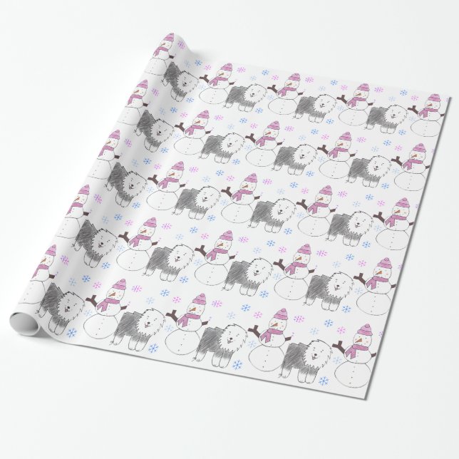 Old English Sheepdog And Snowman Wrapping Paper (Unrolled)