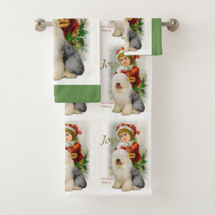 Old English Sheepdog Christmas Bath Towel Set