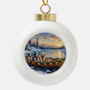 Old English Sheepdog Christmas Boat Holiday Ceramic Ball Christmas Ornament