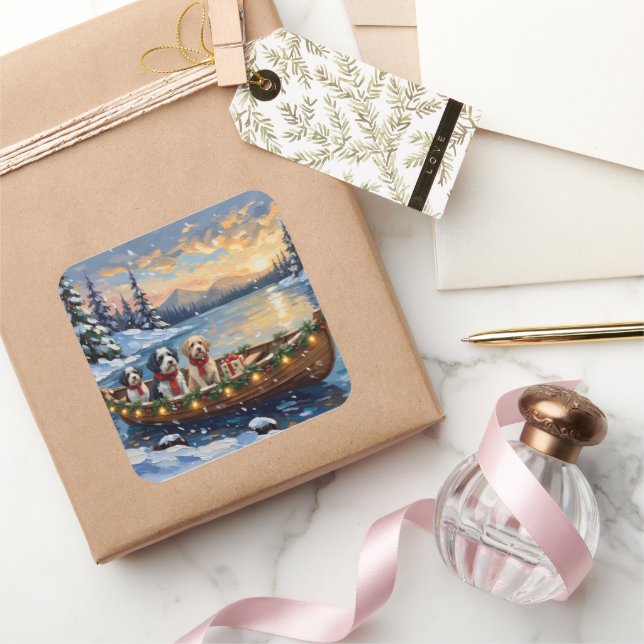 Old English Sheepdog Christmas Boat Holiday Square Sticker (Gifting)