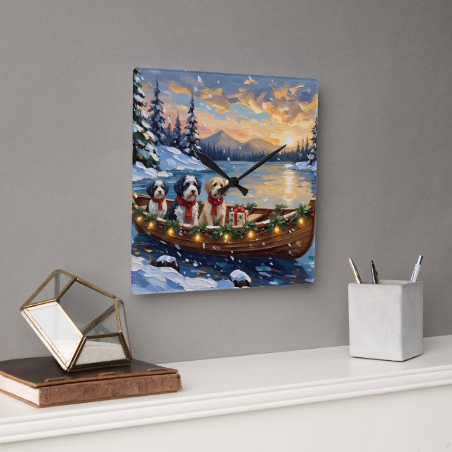 Old English Sheepdog Christmas Boat Holiday Square Wall Clock (Office)