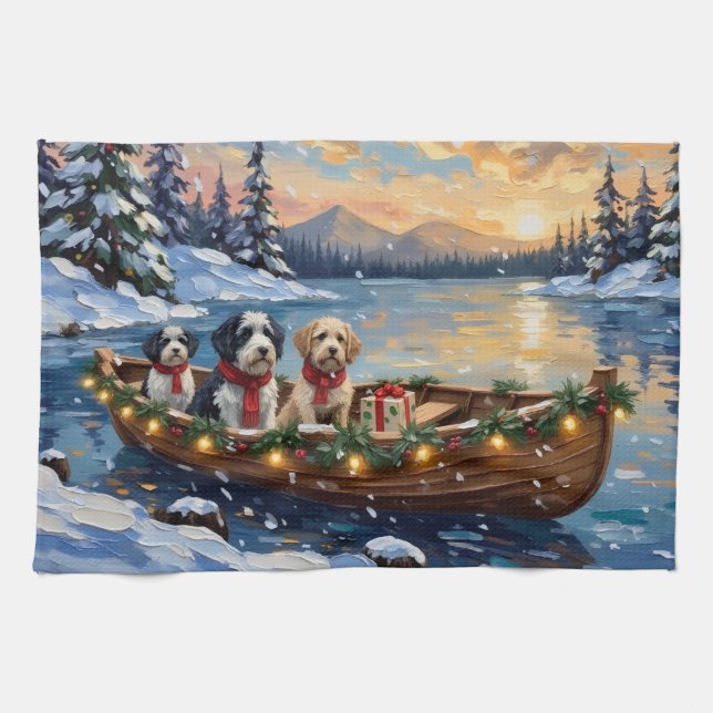 Old English Sheepdog Christmas Boat Holiday Tea Towel (Horizontal)