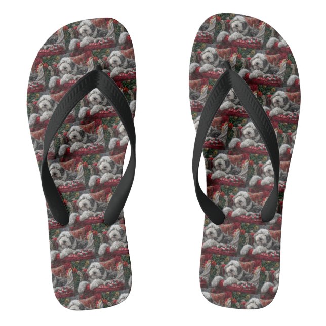 Old English Sheepdog Christmas Festive Flip Flops (Footbed)