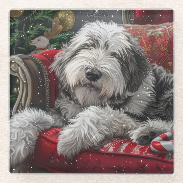 Old English Sheepdog Christmas Festive Glass Coaster (Front)