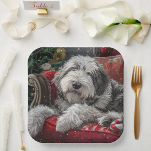 Old English Sheepdog Christmas Festive Paper Plate