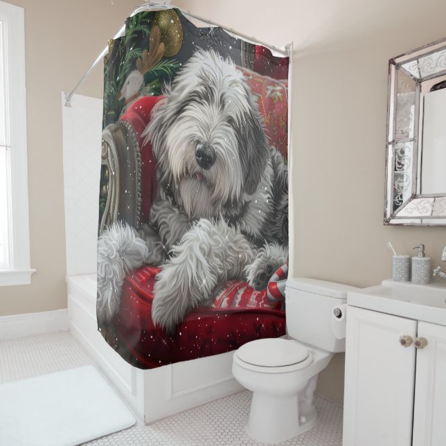 Old English Sheepdog Christmas Festive Shower Curtain (In Situ)