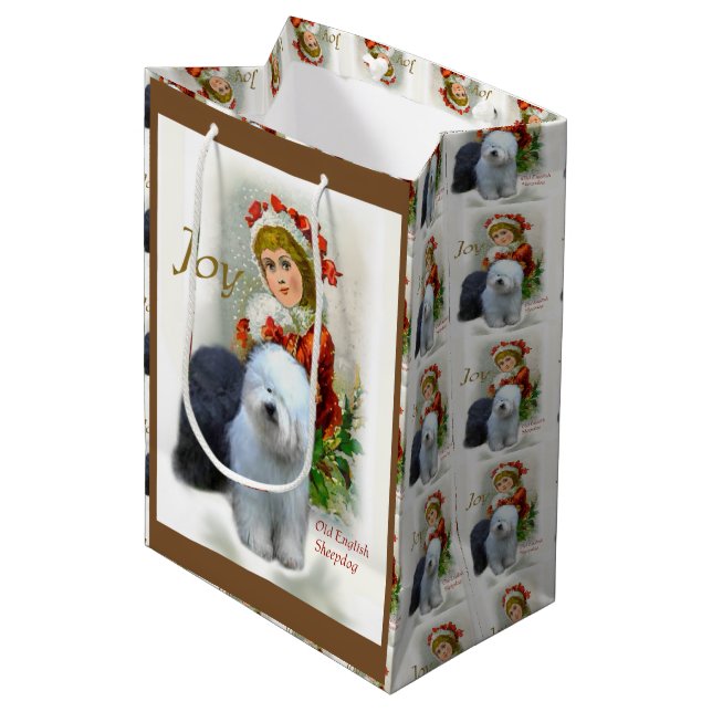 Old English Sheepdog Christmas Medium Gift Bag (Front Angled)