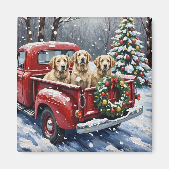 Old English Sheepdog Christmas Red Truck Holiday Magnet (Front)