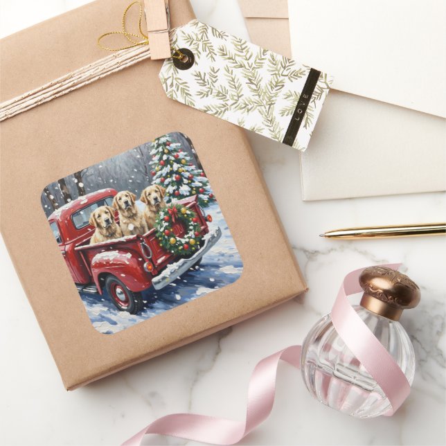 Old English Sheepdog Christmas Red Truck Holiday Square Sticker (Gifting)