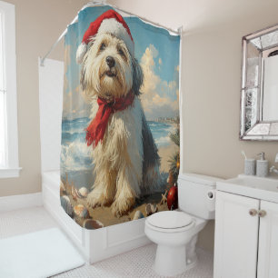 Old English Sheepdog Christmas Vintage Beach Shower Curtain