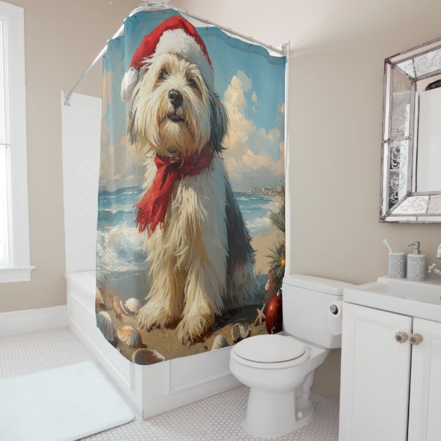 Old English Sheepdog Christmas Vintage Beach Shower Curtain (In Situ)