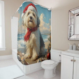 Old English Sheepdog Christmas Vintage Beach Shower Curtain