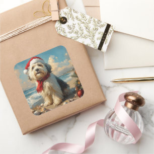 Old English Sheepdog Christmas Vintage Beach Square Sticker