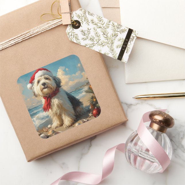 Old English Sheepdog Christmas Vintage Beach Square Sticker (Gifting)