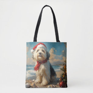 Old English Sheepdog Christmas Vintage Beach Tote Bag