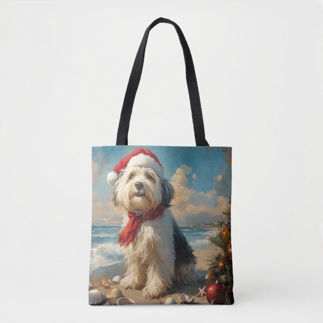 Old English Sheepdog Christmas Vintage Beach Tote Bag (Front)