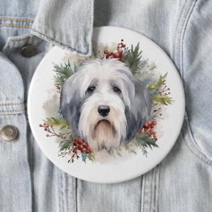 Old English Sheepdog Christmas Wreath Festive Pup  6 Cm Round Badge