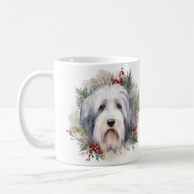 Old English Sheepdog Christmas Wreath Festive Pup  Coffee Mug (Left)