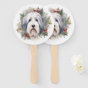 Old English Sheepdog Christmas Wreath Festive Pup  Hand Fan
