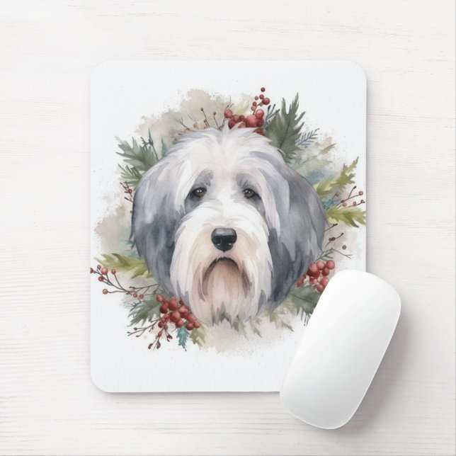 Old English Sheepdog Christmas Wreath Festive Pup  Mouse Mat (With Mouse)