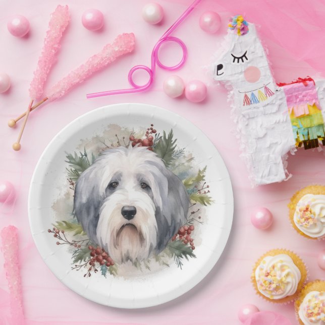 Old English Sheepdog Christmas Wreath Festive Pup  Paper Plate (Party)