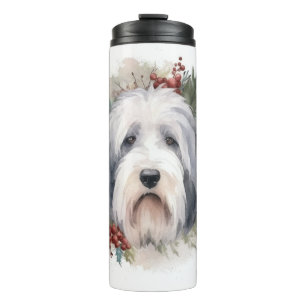 Old English Sheepdog Christmas Wreath Festive Pup Thermal Tumbler