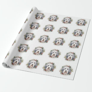 Old English Sheepdog Christmas Wreath Festive Pup Wrapping Paper