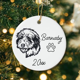 Old English Sheepdog Custom Name and Year Line Art Ceramic Tree Decoration