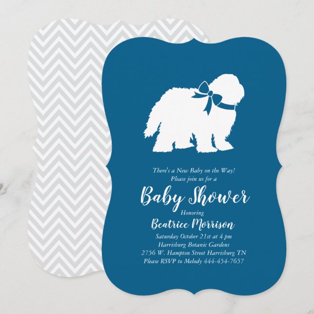 Old English Sheepdog Dog Baby Shower Boy Blue Invitation (Front/Back)