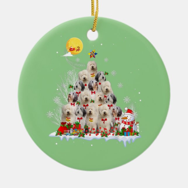 Old English Sheepdog Dog Reindeer Pine Christmas Ceramic Tree Decoration (Front)